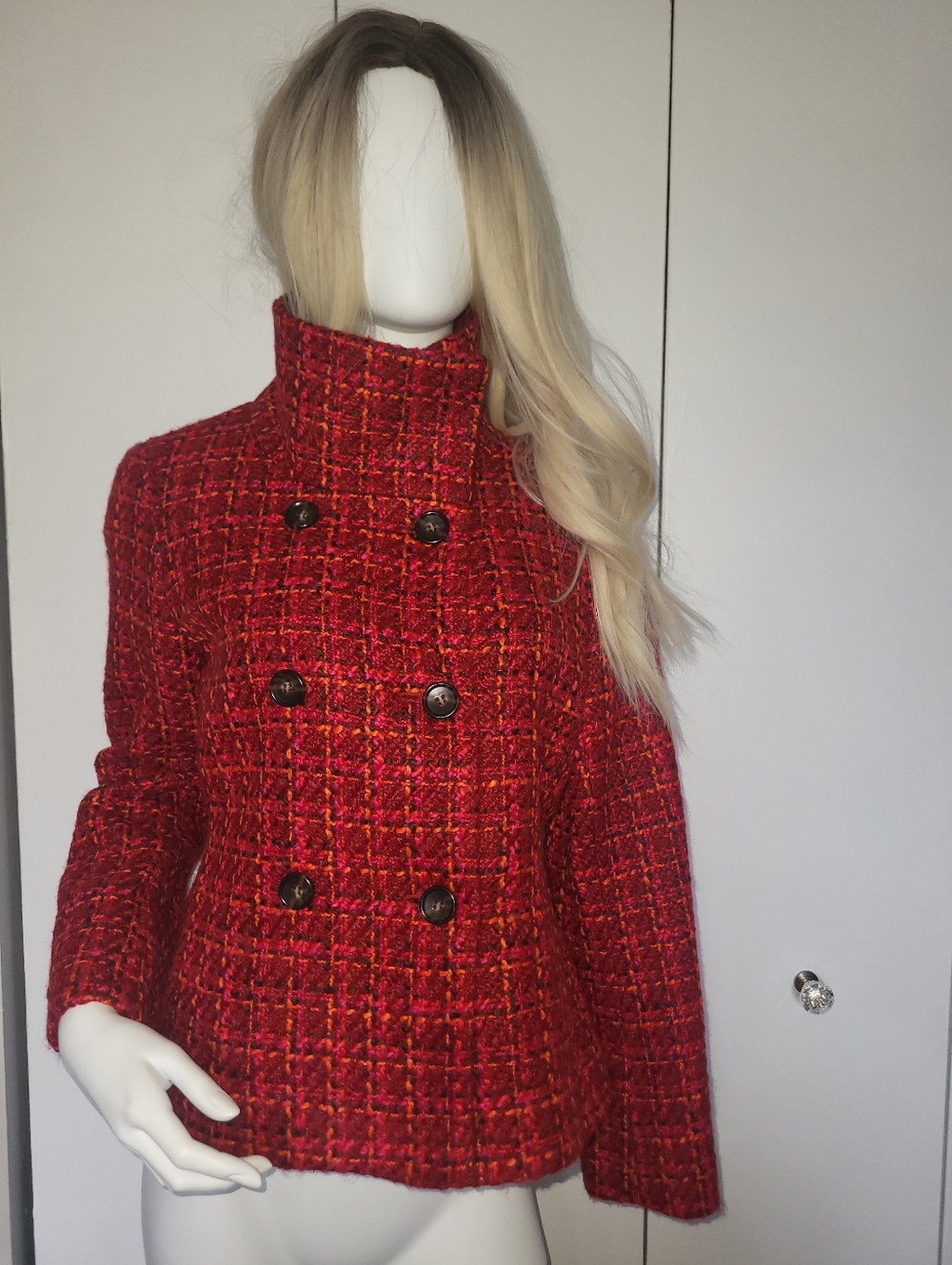 Talbots Red Tweed Pea Coat With Tunnel Neck 8P